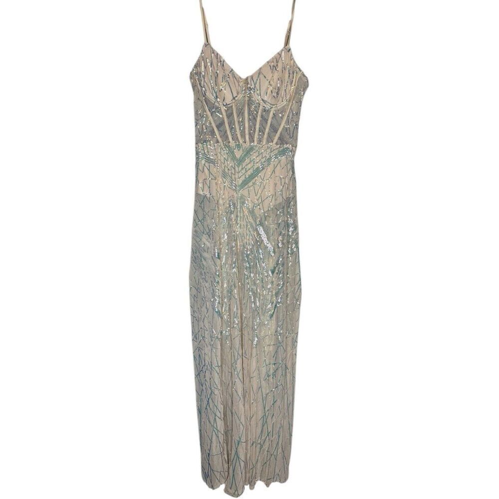 Beaded Ivory and Pale Blue Maxi Slip Dress
